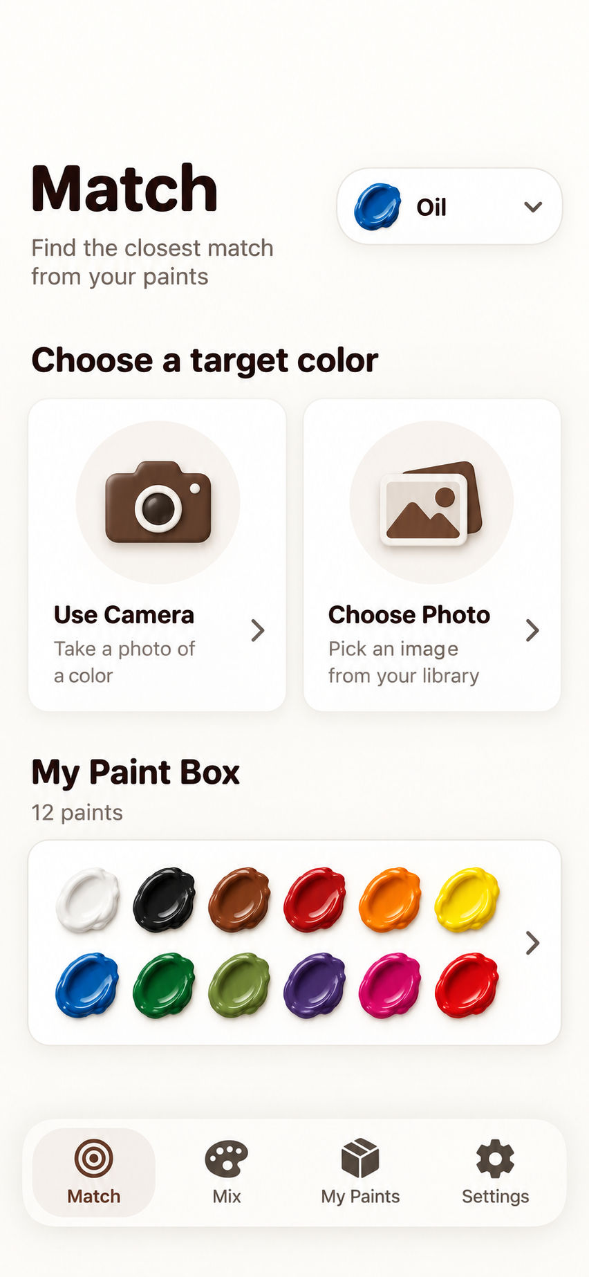 Illustrative YaYMiX Match screen with camera, photo and paint-box options