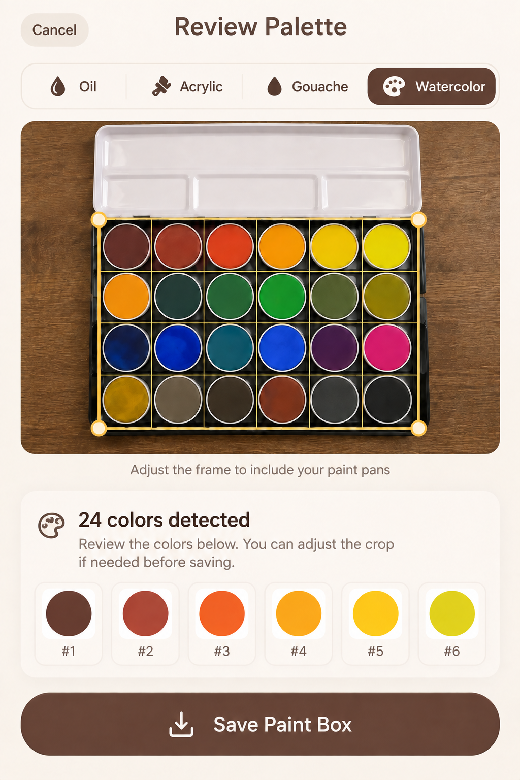 Illustrative palette-review concept showing a 4-by-6 watercolor pan grid and swatches